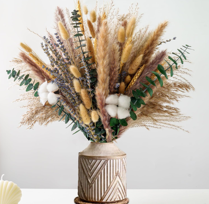 Ramo de flores secas con talde de algodón, eucalipto y Pampas - centro de mesa rúsde Boho para la decoración de boda, granja y casa
