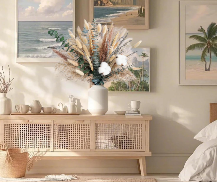 Ramo de flores secas con talde de algodón, eucalipto y Pampas - centro de mesa rúsde Boho para la decoración de boda, granja y casa
